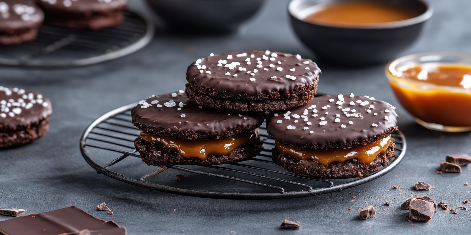 Delicious chocolate-filled cookies with caramel on a rustic table in a cozy kitchen setting